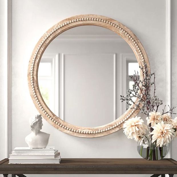 Image of Round Beaded Wood Wall Mirror