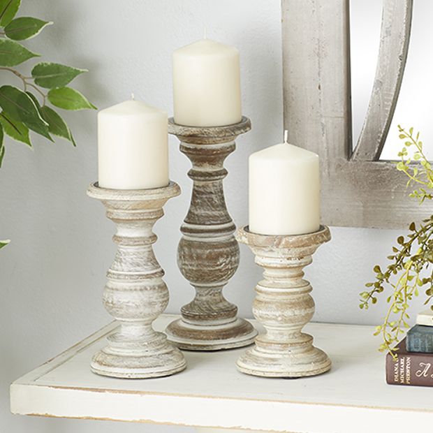 Whitewashed Wood Curved Candle Stand Set of 3 | Antique Farmhouse