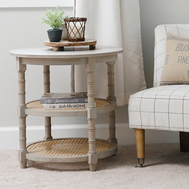 3 Tier Round Side Table With Cane Shelves | Antique Farmhouse