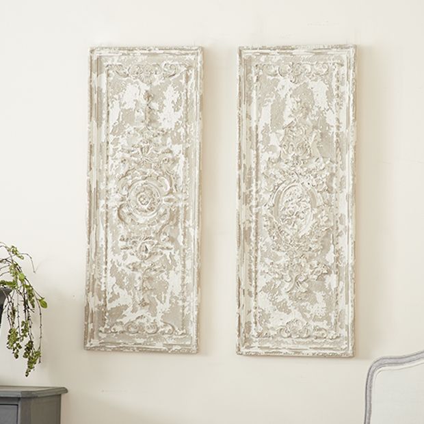 French Country Distressed Wall Plaque Panel Set of 2 | Antique Farmhouse