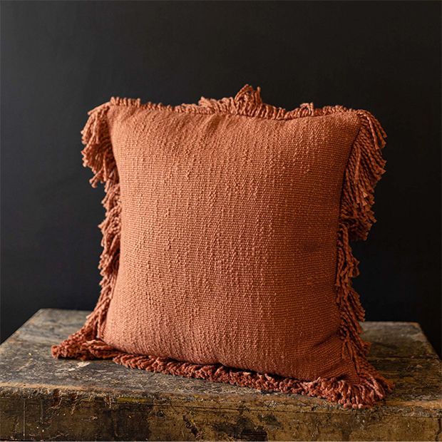 Beautiful Boho Fringed Rust Accent Pillow | Antique Farmhouse