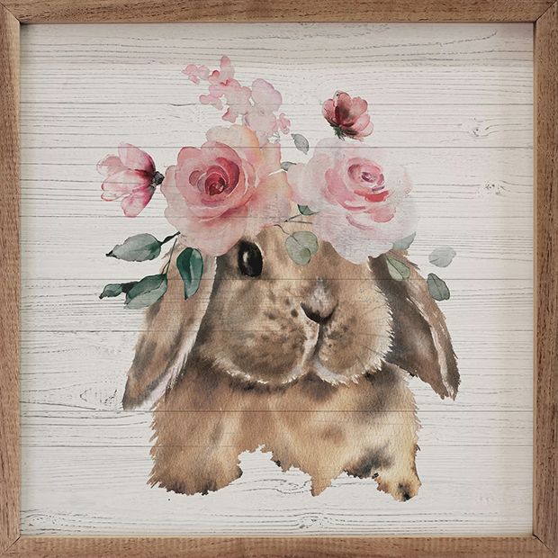 Brown Bunny With Flowers Framed Wall Art | Antique Farmhouse