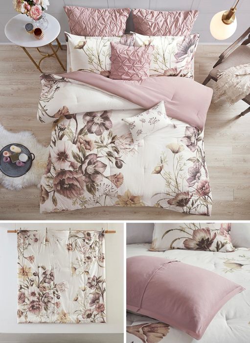 8 Piece Chic Blush Floral Print Comforter Set | Antique Farmhouse