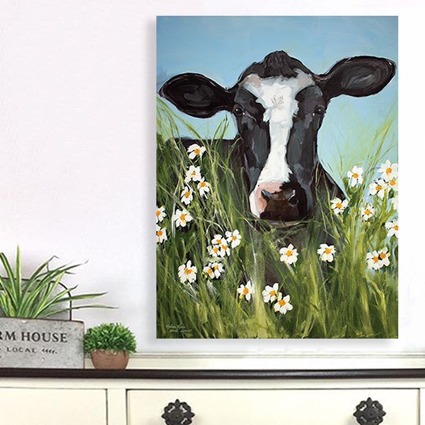 Cow In Flower Field Canvas Wall Art | Antique Farmhouse