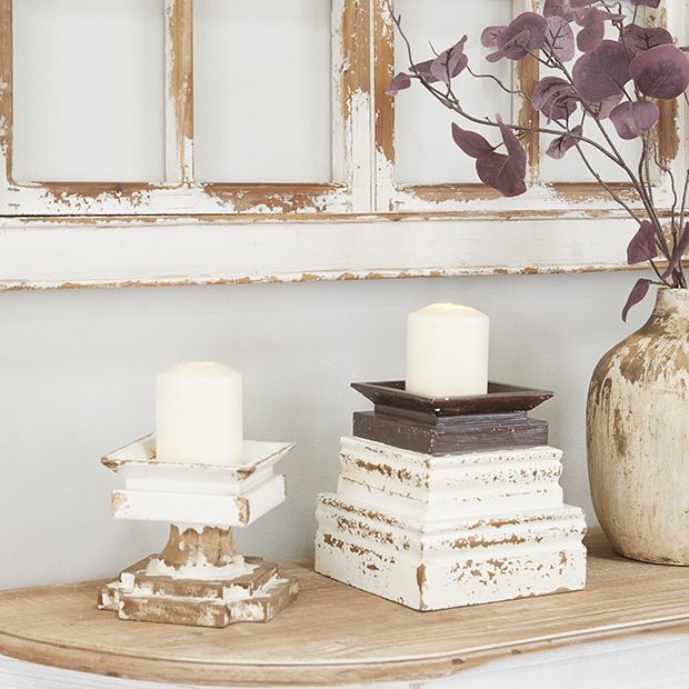 Distressed Square Tier Pillar Candle Holder Set of 2 | Antique Farmhouse