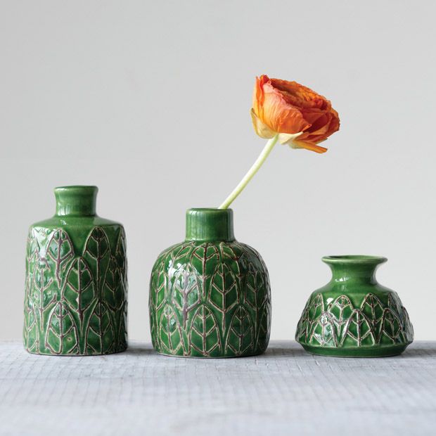 Embossed Stoneware Vase Set of 3 | Antique Farmhouse