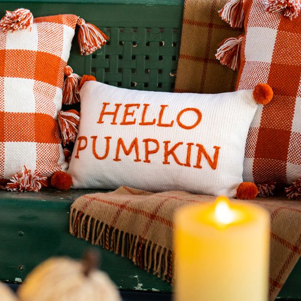 Embroidered Hello Pumpkin Pillow With Pom Poms | Antique Farmhouse
