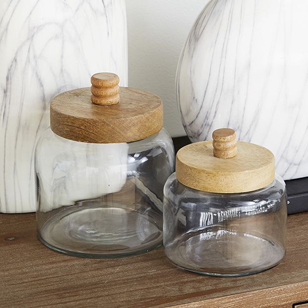 Clear Glass Wood Jar, Set of 2