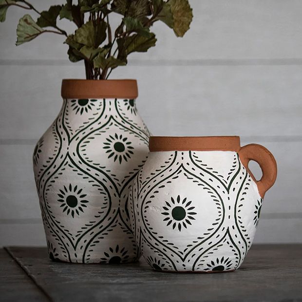Hand Painted Floral Pattern Terracotta Vase | Antique Farmhouse
