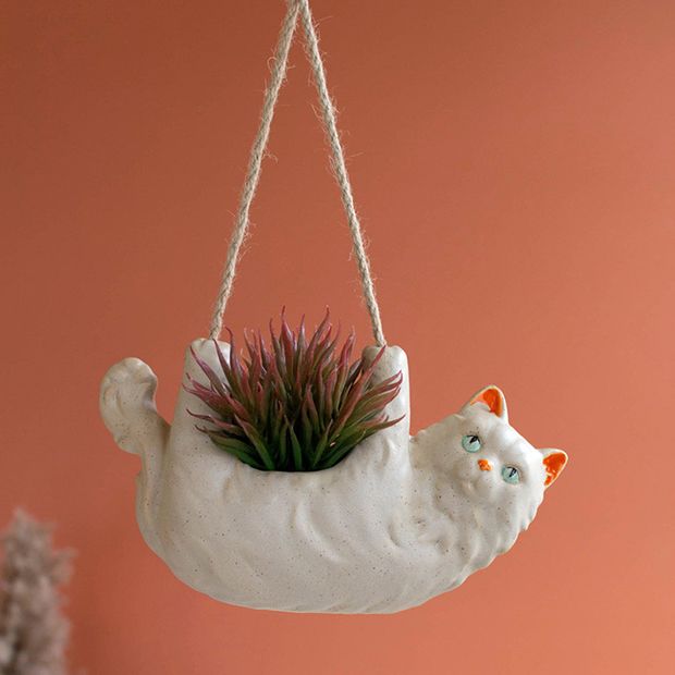 Hanging Ceramic Fluffy Cat Planter | Antique Farmhouse