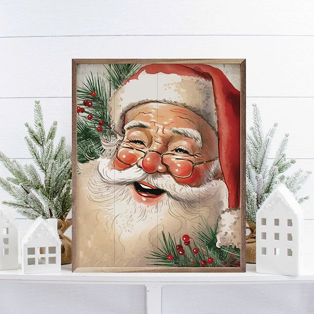 Jolly Red Hat Santa With Glasses Wall Art | Antique Farmhouse