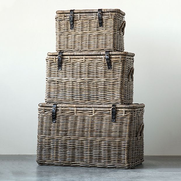 Lidded Rattan Storage Baskets Set of 3 | Antique Farmhouse