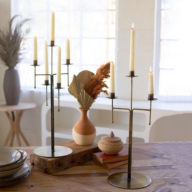 Antique Brass Tabletop Candelabra W 3 Taper Candle Holders