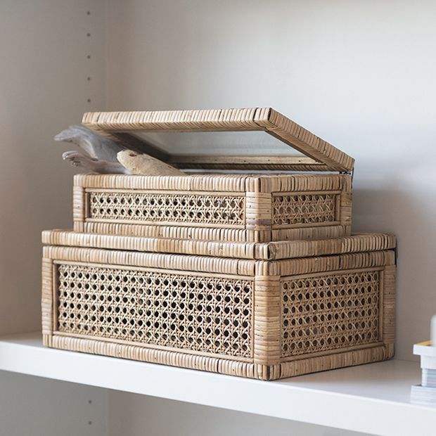 Rattan And Wood Keepsake Storage Box Set of 2 | Antique Farmhouse