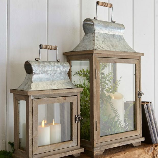 Rustic Wood and Metal Candle Lantern Set of 2 | Antique Farmhouse