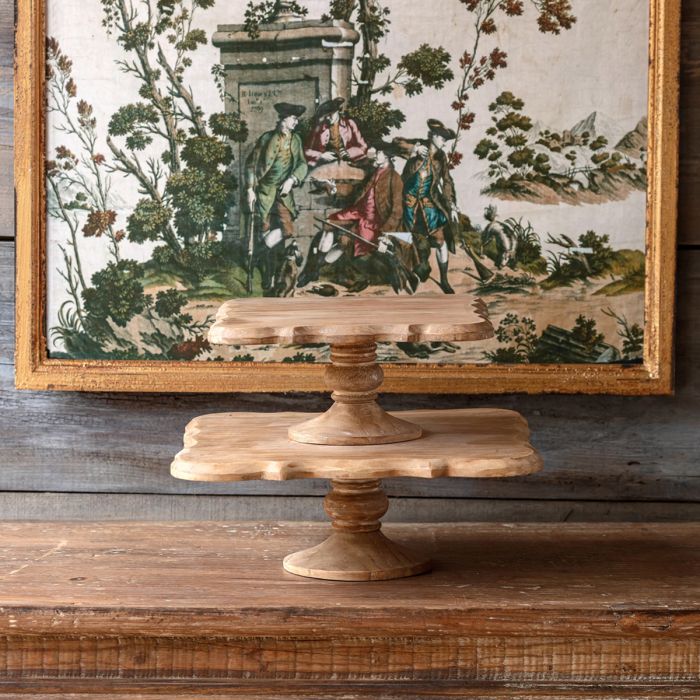 Scalloped Wood Pedestal Display Stands Set of 2 | Antique Farmhouse