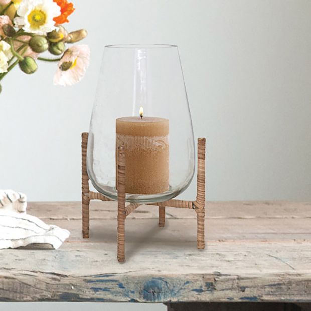 Sleek Glass Vase With Rattan Wrapped Stand | Antique Farmhouse