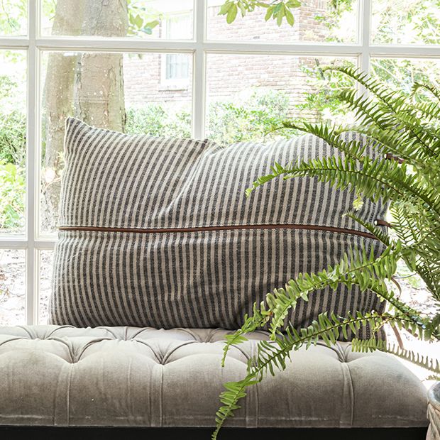 Striped Lumbar Pillow With Leather Trim | Antique Farmhouse
