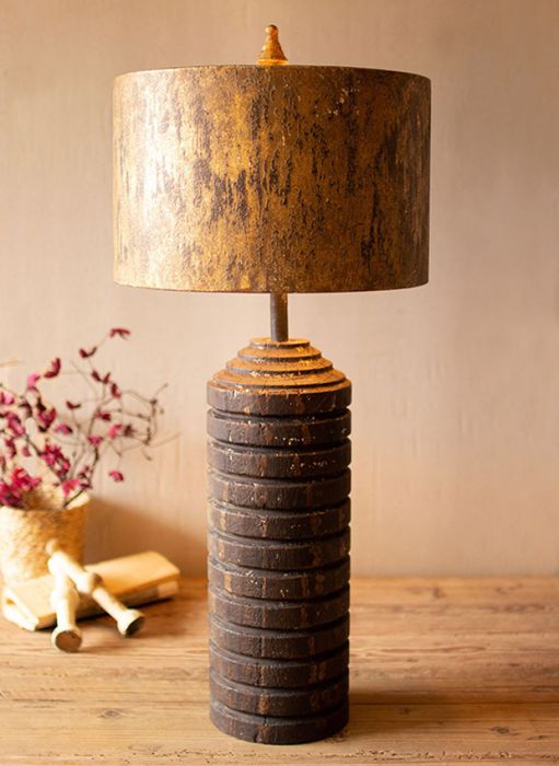 Tall Rustic Table Lamp With Gold Metal Shade | Antique Farmhouse