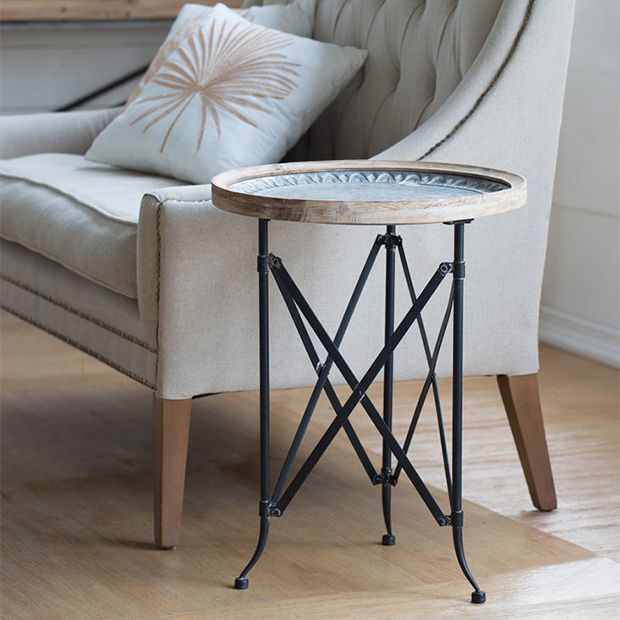 Vintage Style Wood and Metal Round Side Table | Antique Farmhouse
