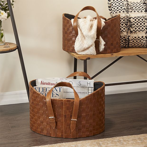 Woven Leather Basket With Strap Set of 2