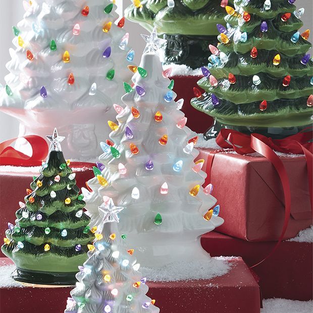 White Ceramic Christmas Tree With Multicolored Lights Antique