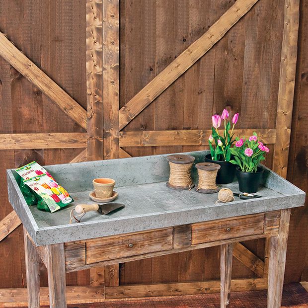 Wood Potting Table With Galvanized Top | Antique Farmhouse