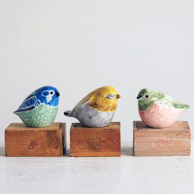 Hand Painted Stoneware Bird Figurine Set of 3