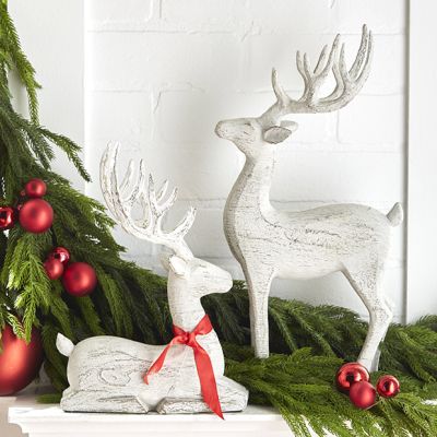 Rustic Whitewash Reindeer Figurines Set of 2