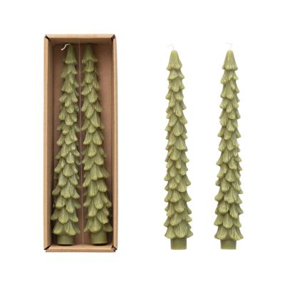 Unscented Tree Shaped Cedar Green Taper Candle Set of 2